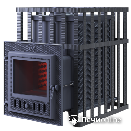 Дровяная банная печь Гефест ЗК в сетке-18 (М) чугунная дверца со стеклом, запатентованная каменка сетка в Курске